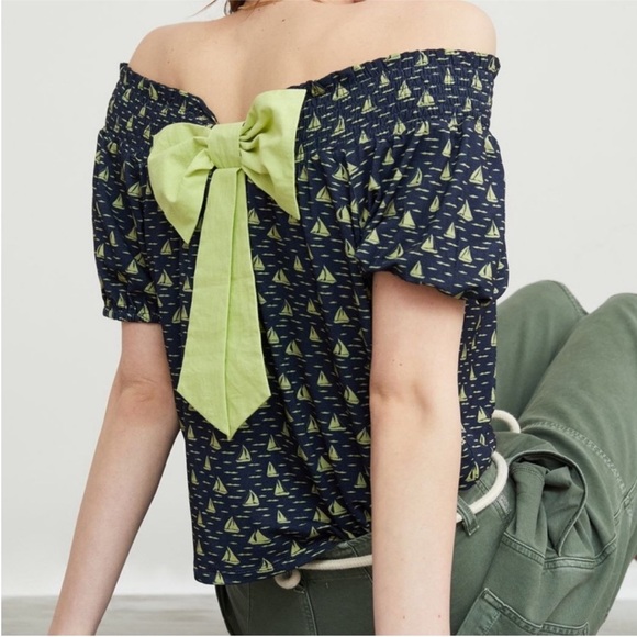 Anthropologie Porridge Printed Bow Back Top Navy Blue Green New Small Sail Boats - Picture 5 of 8